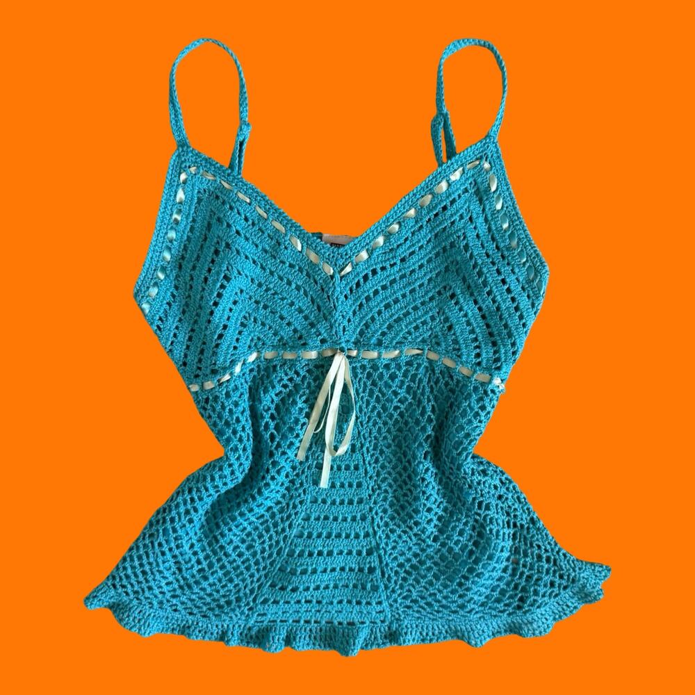 00's vintage turquoise crochet silk coquette boho cami y2k babydoll tank top M